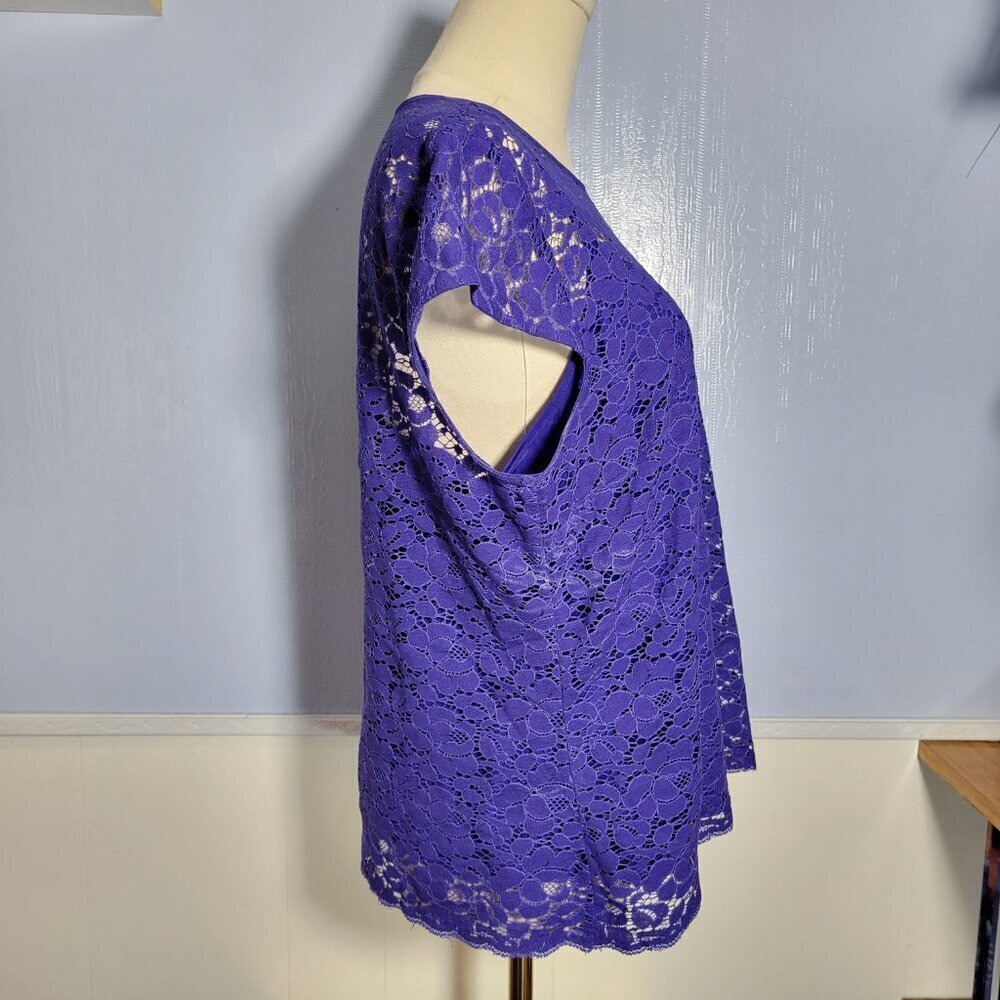 Liz Claiborne Petite Large Blue Lace Overlay Lined Tank Top Cap Sleeve Blouse - Picture 5 of 10
